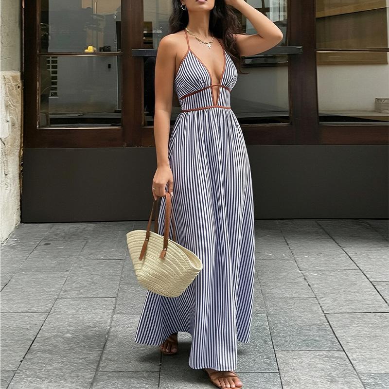 

Spring new, elegant and sexy V-neck backless striped slim dress 3XL темно-синього кольору
