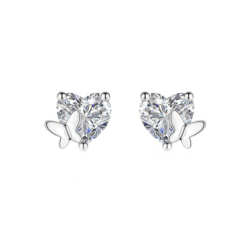 Mori Style S999 Sterling Silver Butterfly Heart Stud Earrings: Minimalist Korean Design, Sweet & Cute Jewelry for Pierced Ears. Pure Silver