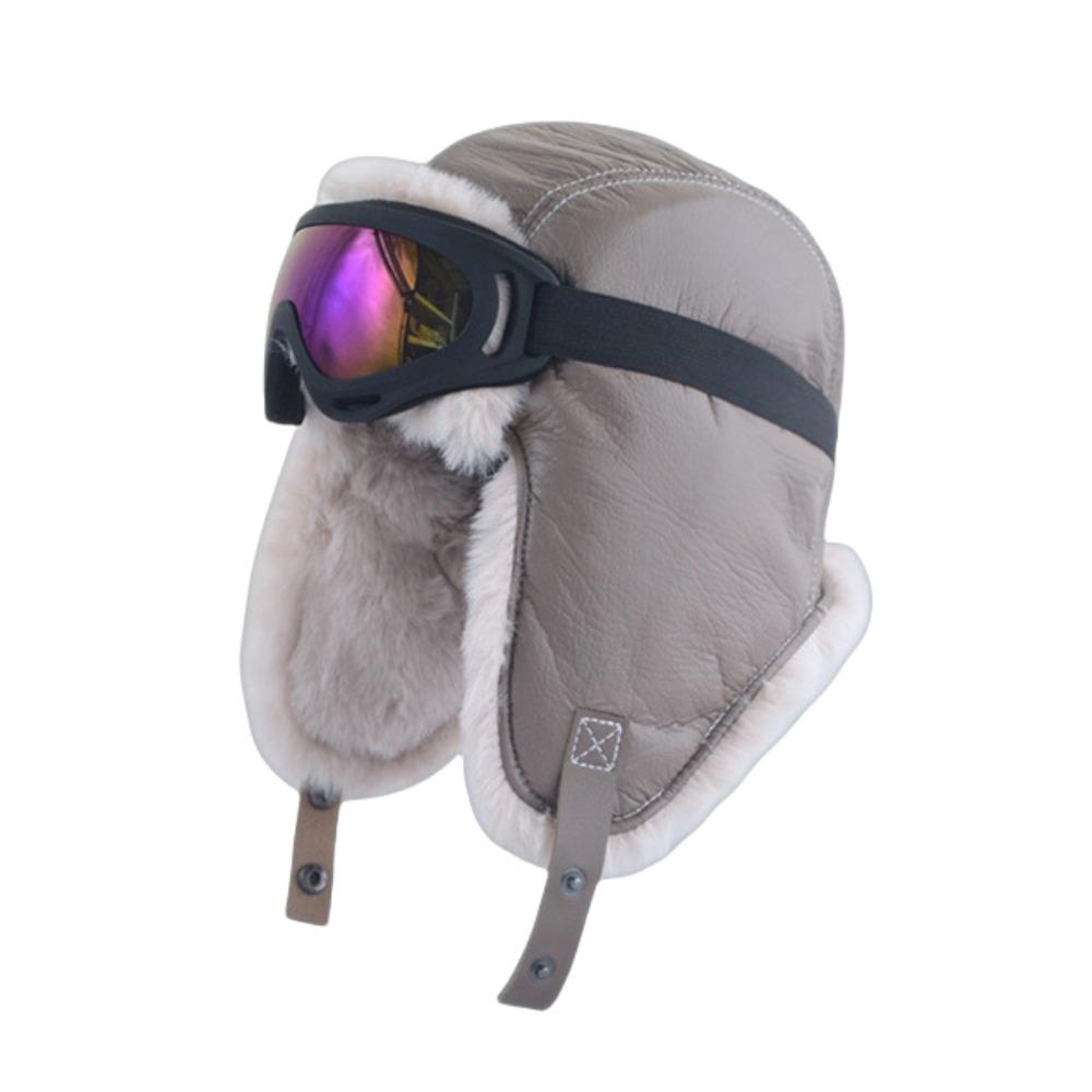 Warm Kids Plush Pilot Hat PU Leather Ski Cap with Glasses Windproof   Winter