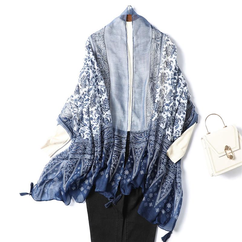 2024 Autumn/Winter New Cotton And Hemp Scarf Women'S Literary And Elegant Ethnic Style Retro Blue And White Porcelain Tassel Long Shawl