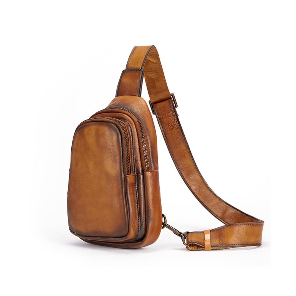 Whatna Antique-Style Tanned Natural Cowhide Leather One-Shoulder Men's Bag, 3-Way, Crossbody, Shoulder, Chest Bag, Genuine Leather, Thick, Fits iPad
