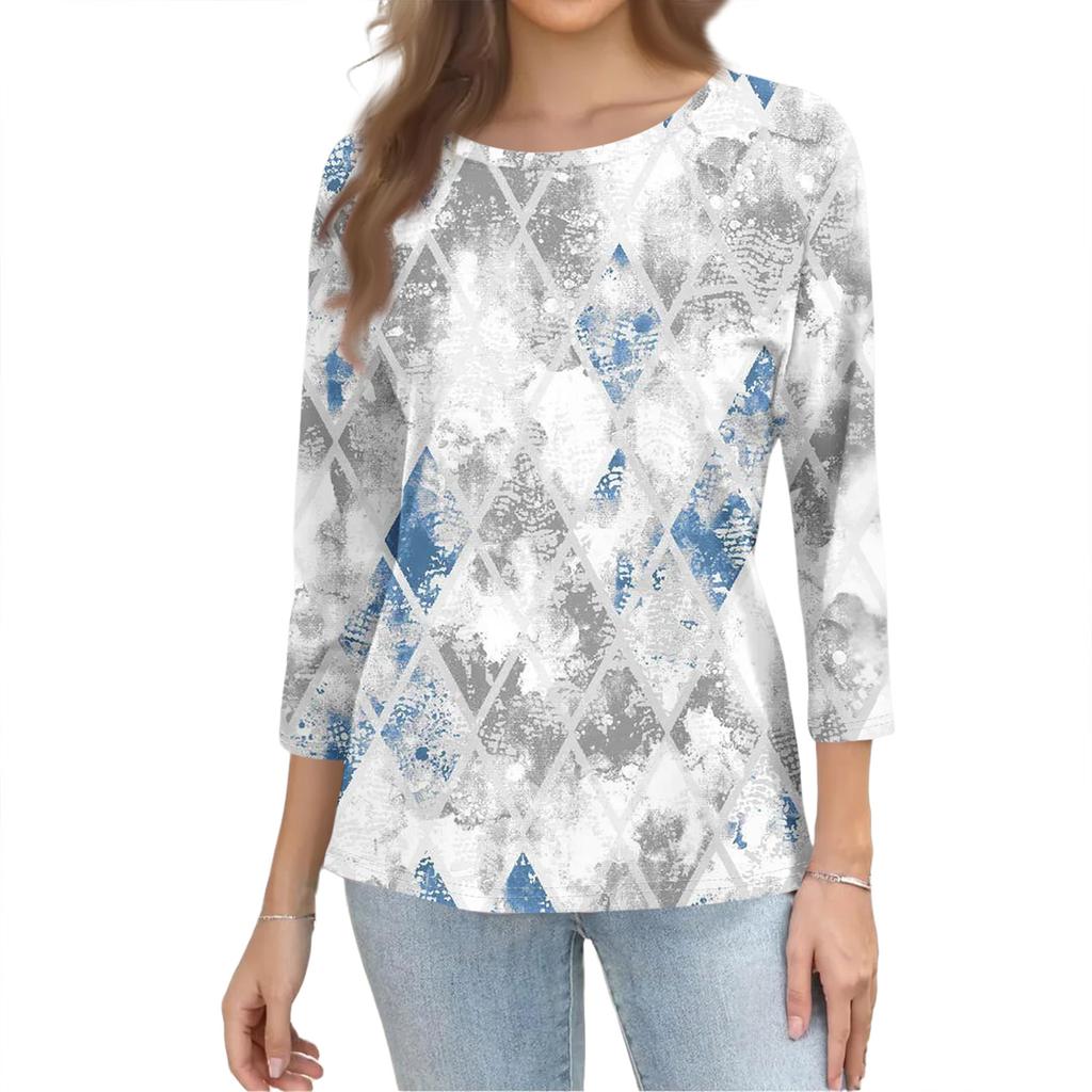 Damenmode Lässig Dreiviertelärmel Blumenmuster Rundhals Oberteil