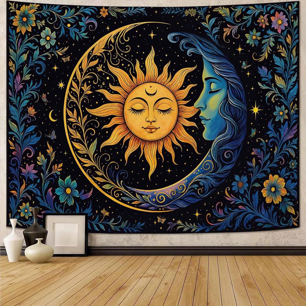 VIKAMA Tapiz Sol Luna Dormitorio Hippie Bohemio Flor Tapiz de Pared Flor Retro Plantas Espíritu Celestial Gran Tapiz