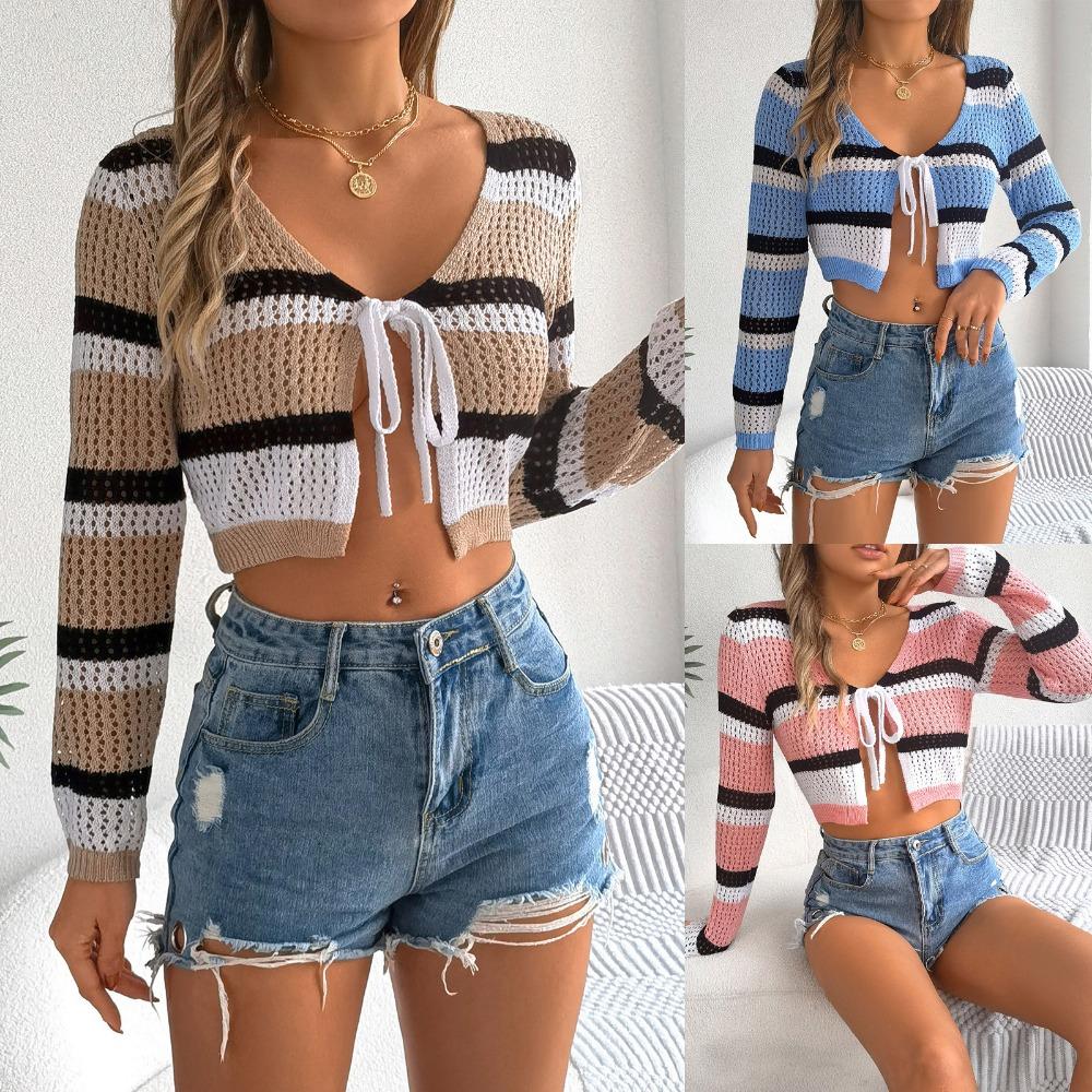 Hollow Contrast Striped Lace-up Long-sleeved Navel-baring Knitted Cardigan Sun Protection Shirt