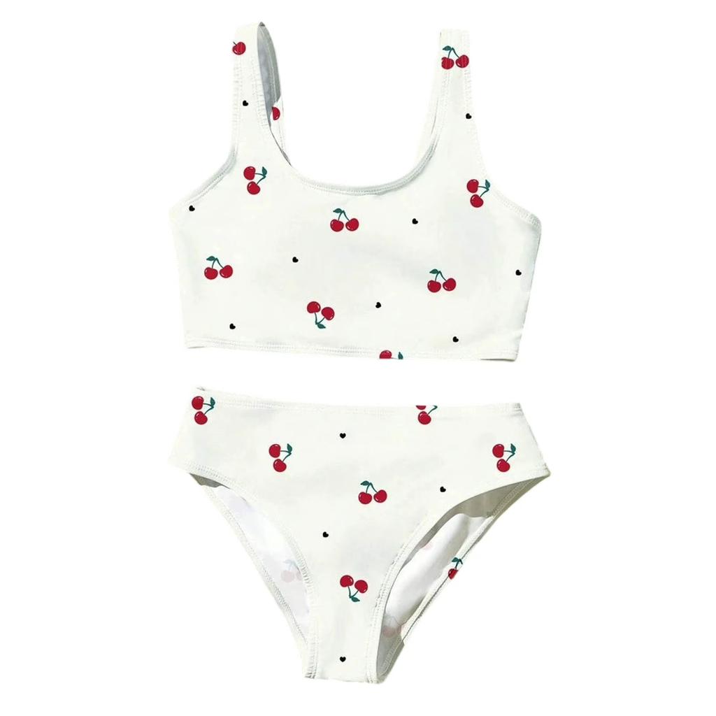 Girls Two Piece Swimsuit Tankini Set with Patterned Crop Top and Matching Bottoms for Swimming and Beach Activities