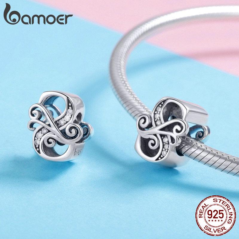 BAMOER Genuine 925 Sterling Silver Letter S Alphabet Beads Fit Charm Bracelets & Bangles DIY