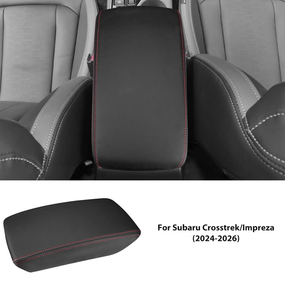 Black Leather Center Console Armrest Cover for Subaru Crosstrek Impreza 2024-2026 Waterproof Anti-Scratch Interior Moulding Red Line