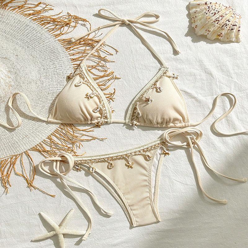

Split swimsuit bikini swimsuit solid color lace-up swimsuit women s three-point sexy beach S белый