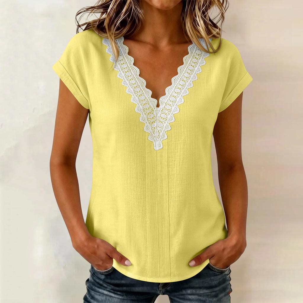 Women's V-Neck Lace Trim Pullover T-Shirt, Short Sleeve Casual Blouse for Daily Wear