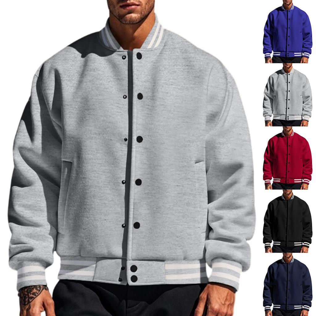 Men's Retro Baseball Jacket Loose Fit Stand Collar Casual Single-Breasted Button Closure