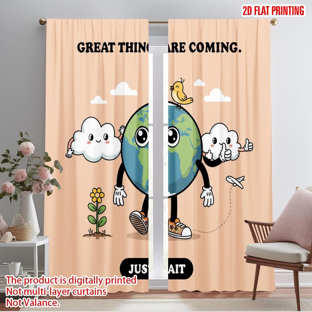 

2pcs 2D flat printing Curtains Great Things Coming Wait Polyester Fabric Without Electricity Festive Wall Decor for New Year and 52.50×116.00 CM 2pcs