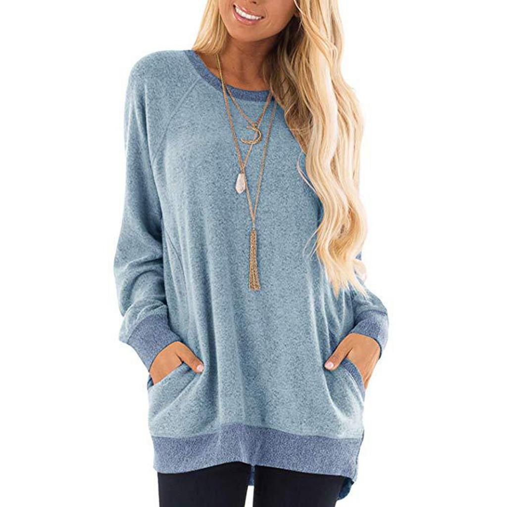 Women Casual Color Block Long Sleeve O-Neck Pockets T-Shirts Sweatshirt Blouse