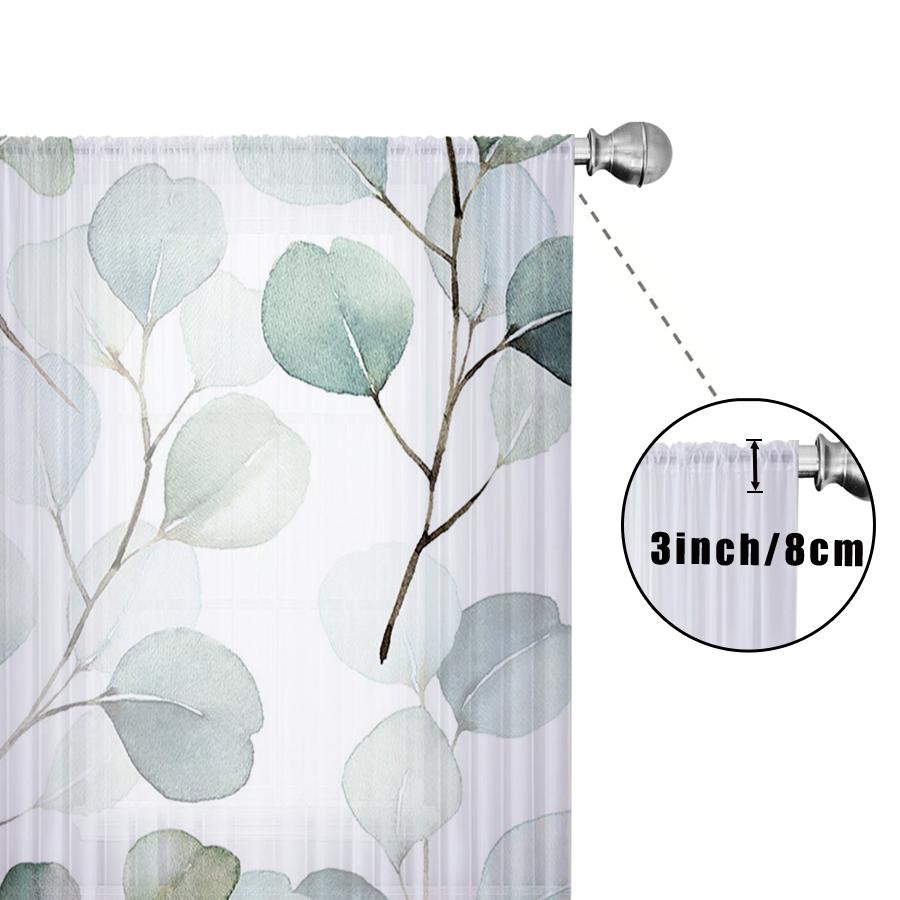 1PC Sheer Curtain Eucalyptus Blue Green Watercolor Print, Rod Pocket Window Curtain for Living Room Modern Decor