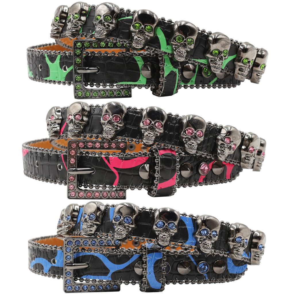 Full Skull Design Pattern for Women with European and American Rhinestone Inlaid Belt High-end Pin Buckle Hip-hop Decoration Nightclub