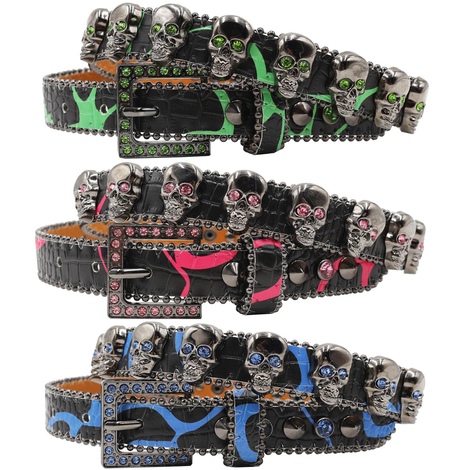 Writing A Notebook Women's Full Skull Design Pattern For With European And American Rhinestone Inlaid Belt High-End Pin Buckle Hip-Hop Decoration Nightclub 115Cm