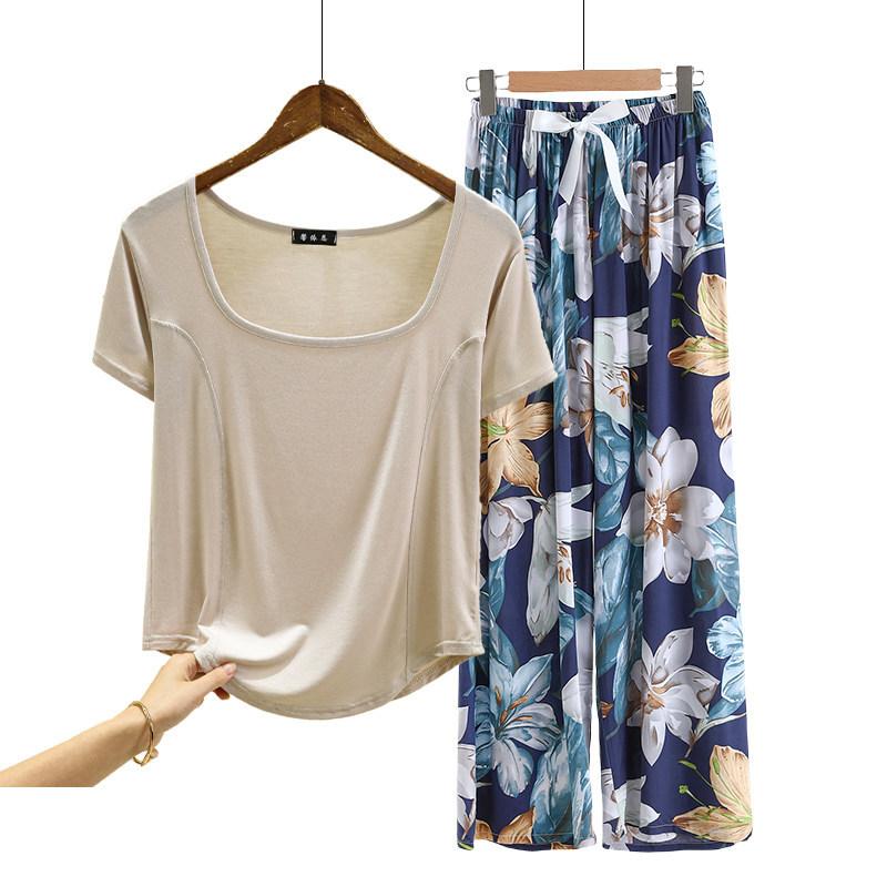 Fashion U Nek Tshirt and Floral Wide leg pants Summer fashion homewear 2pcs suit Loose Casual pajamas set comfort loungewear plus size