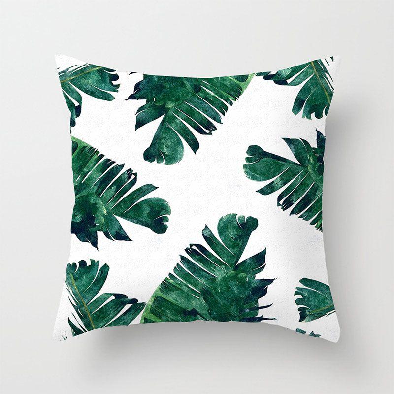 Elegant Green Tropical Plants Palm Tree Leaves Linen Pillow Case With Classic Design 18"x18
