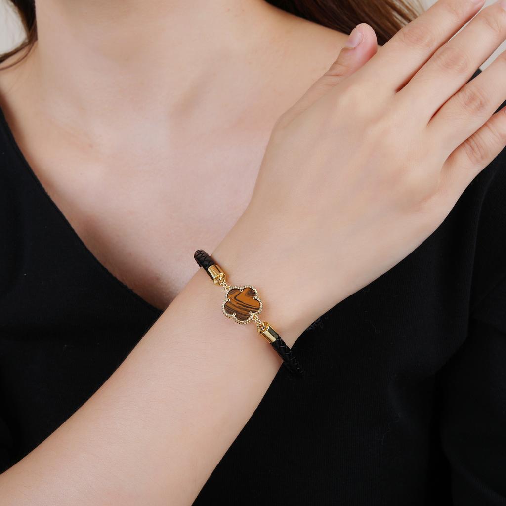 Simple Five-Leaf Flower Leather Braided Bracelet Natural Stones Clover Stainless Steel Bangle For Women Party Daily Wear Jewelry