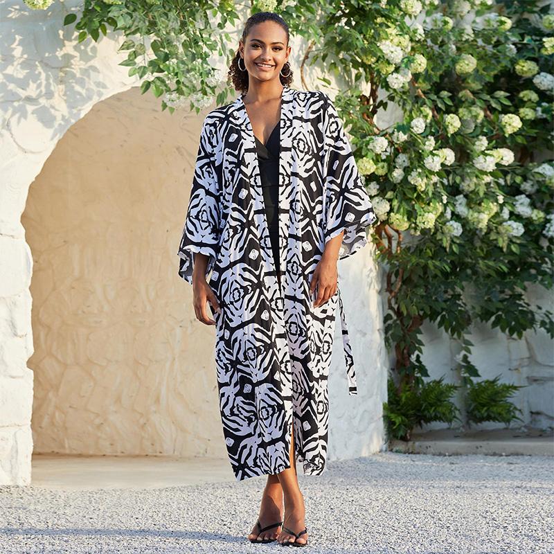 

EDOLYNSA 2023 повседневное кимоно с длинными рукавами и принтом, платье-кимоно с поясом, банная туника, женская пляжная одежда, купальный костюм, накидкаsaya de praia Q1340 One size белый