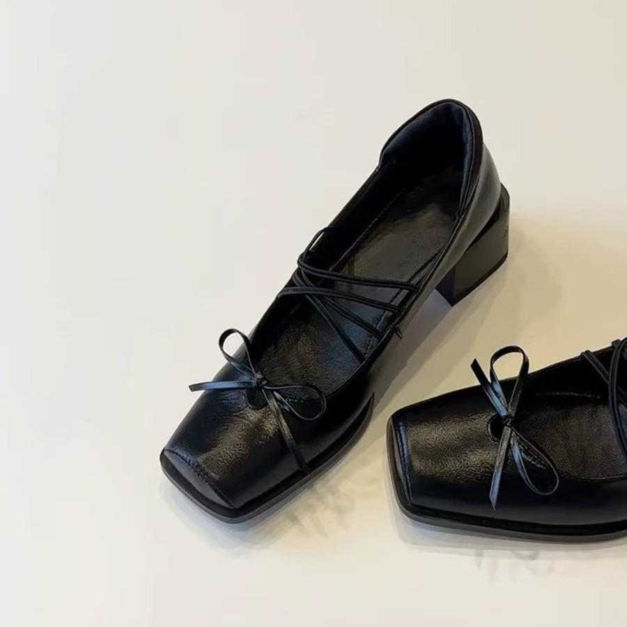 

Sheepskin~ platform bow retro high heels ballet shoes square head silver thick heel Mary Jane shoes women s single shoes 35
