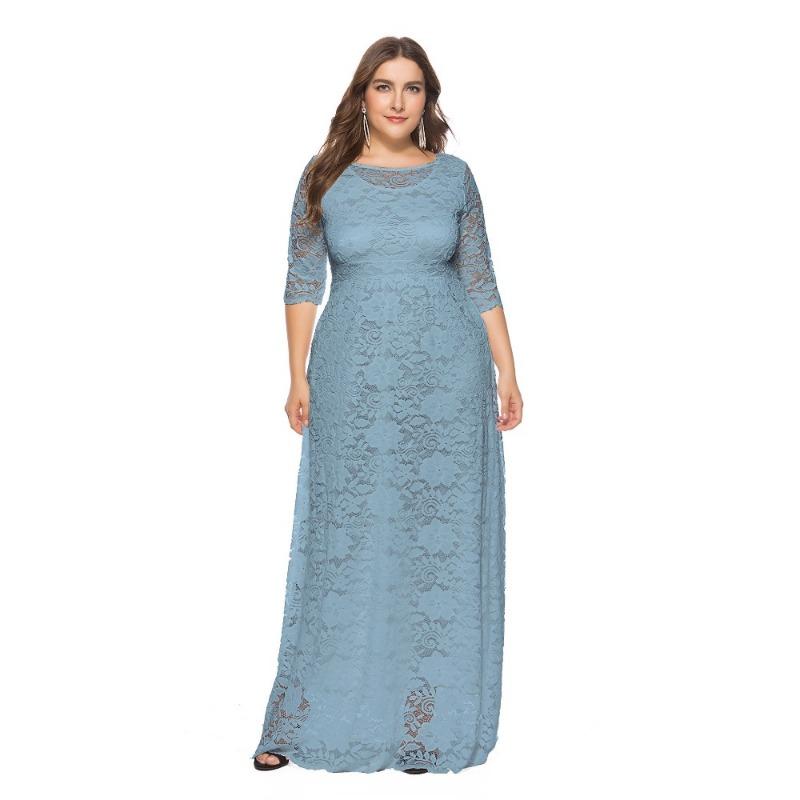 Trendig Plus Size Spetsad Kvällsklänning med Fickor och Urskurna Korta Ärmar