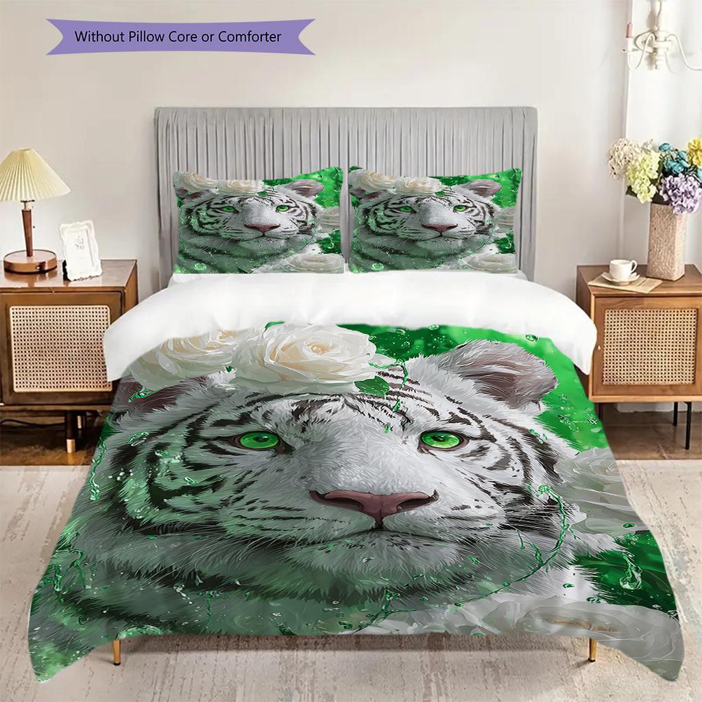 White Tiger Pattern Bedding Quilt Set Quilt Cover Pillowcase Home Decoration Birthday Gift (1 * Duvet Cover + 2 * Pillowcase, Without Core)