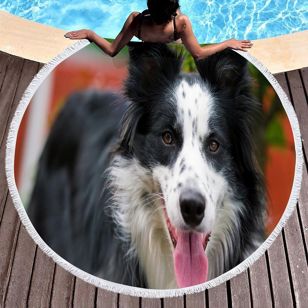 Border Collie Round Beach Towels,Dog Greeting Its Owner Among Flowers Sand Free Absorbent Beach Blanket Bath Towels Picnic Mat