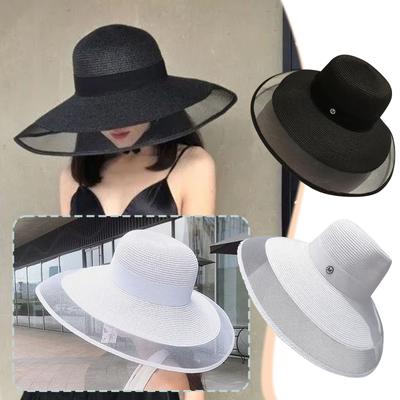 Summer Large  Sun Shading And Sun  Hat, Fashionable Vacation Beach Mesh And Straw Woven Patchwork Sun Hat
