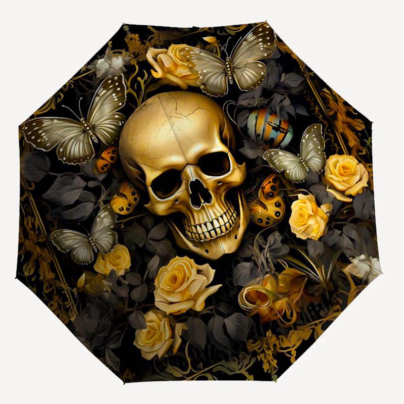 1PC Skull Flowers Umbrella-8-Rib Reinforced, Automatic Open, Lightweight & Durable, Fashion Accessory for Outdoor-D318