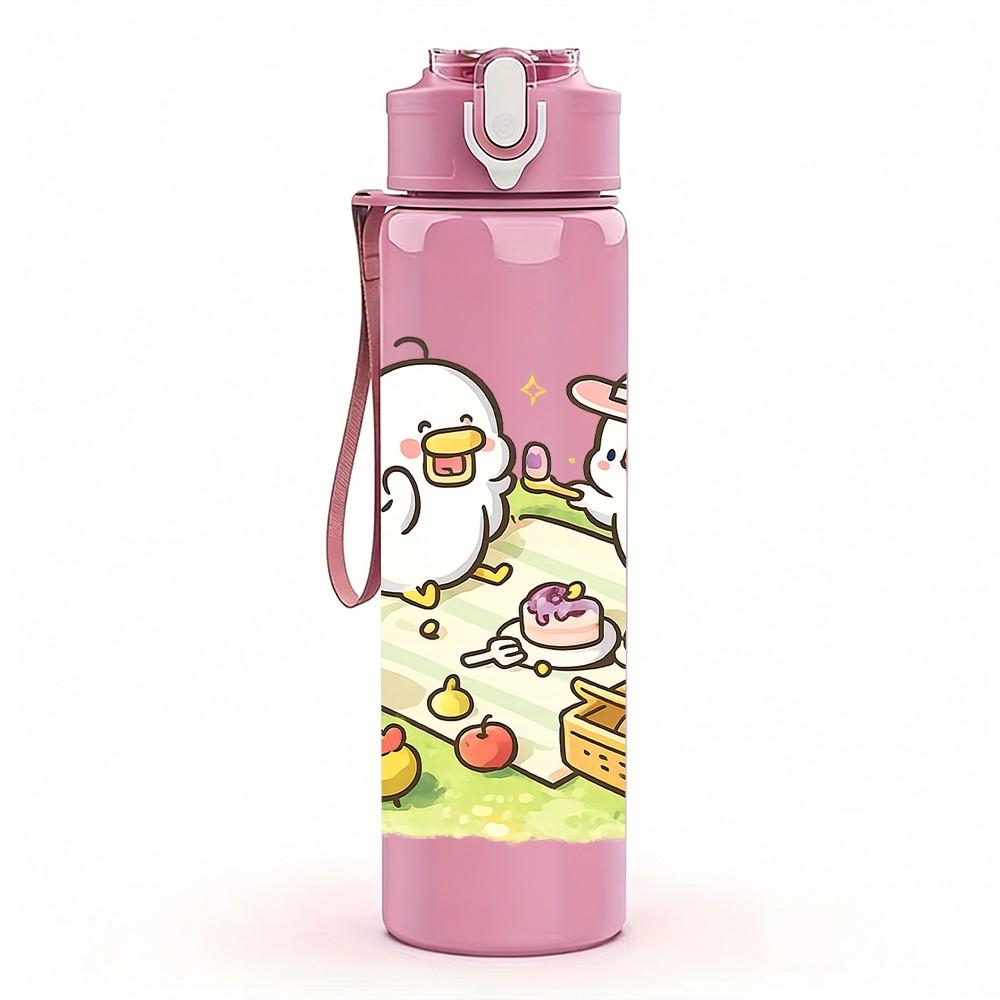 1PC Little Bear Picnic Cartoon Pattern 750ml Color Plastic Sports Water Bottle Leakproof Flip Straw Lid Suitable for Sports Office Home Use