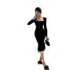 French Royal Sister Hepburn Black Dress Women's Autumn Velvet Small Black Dress Advanced Sense Slim Little Mom Hip Wrap Long Dress
