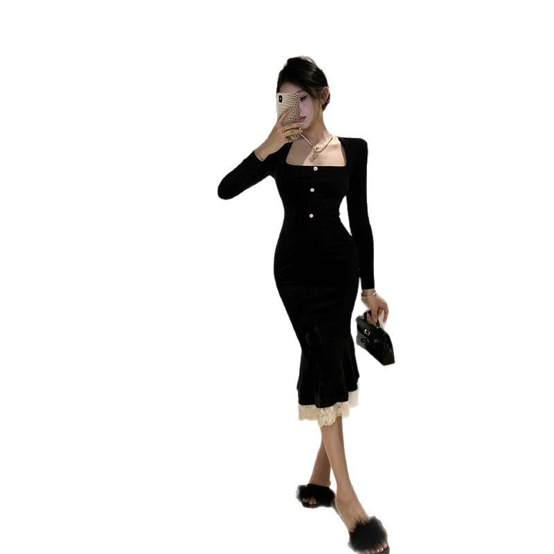 French Royal Sister Hepburn Black Dress Women's Autumn Velvet Small Black Dress Advanced Sense Slim Little Mom Hip Wrap Long Dress