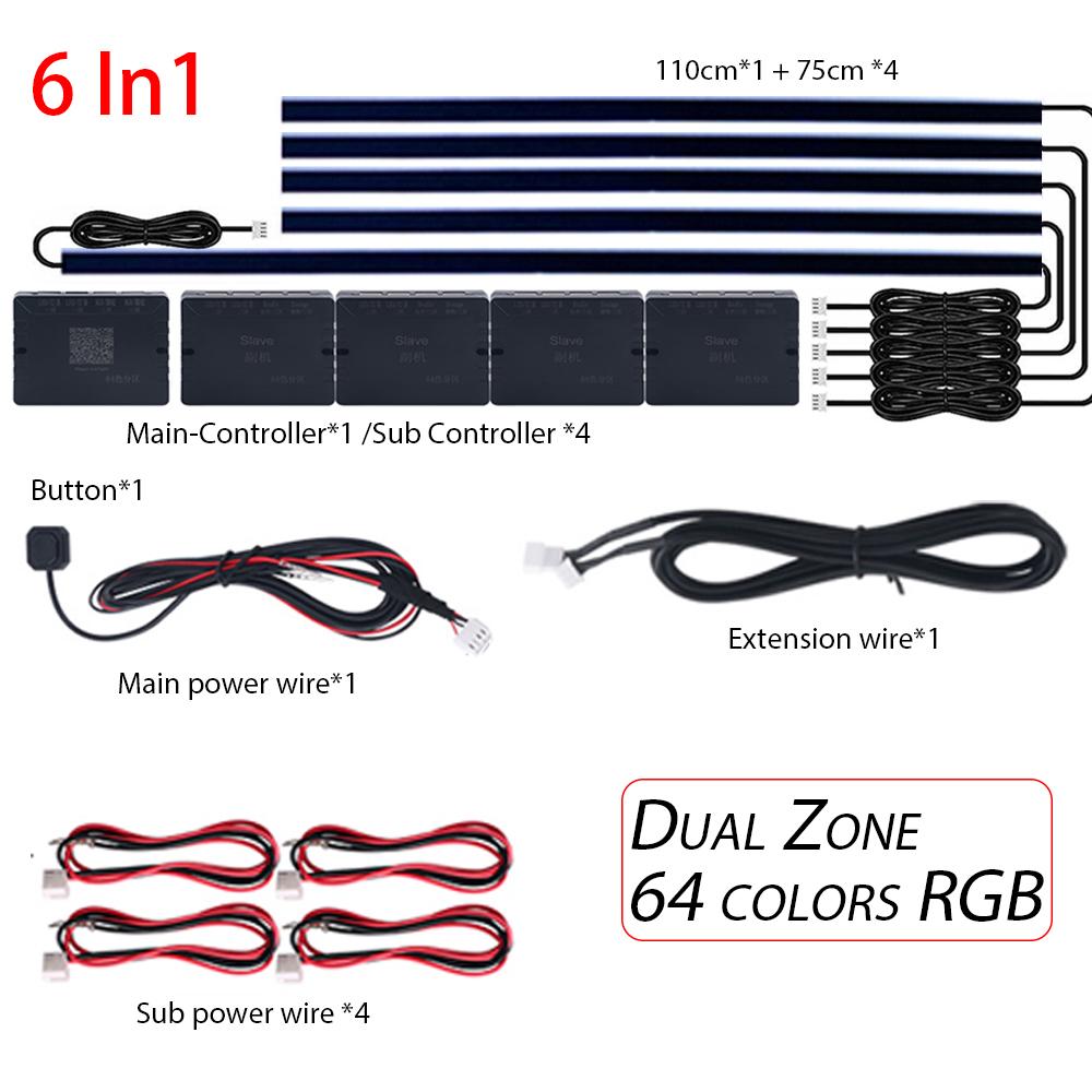 18 in 1 Dual Zone Symphony LED Car Ambient Lights RGB 64 Colors Interior Rainbow Acrylic Strip Neon Atmosphere Lighting Kit App RGB 6 in 1