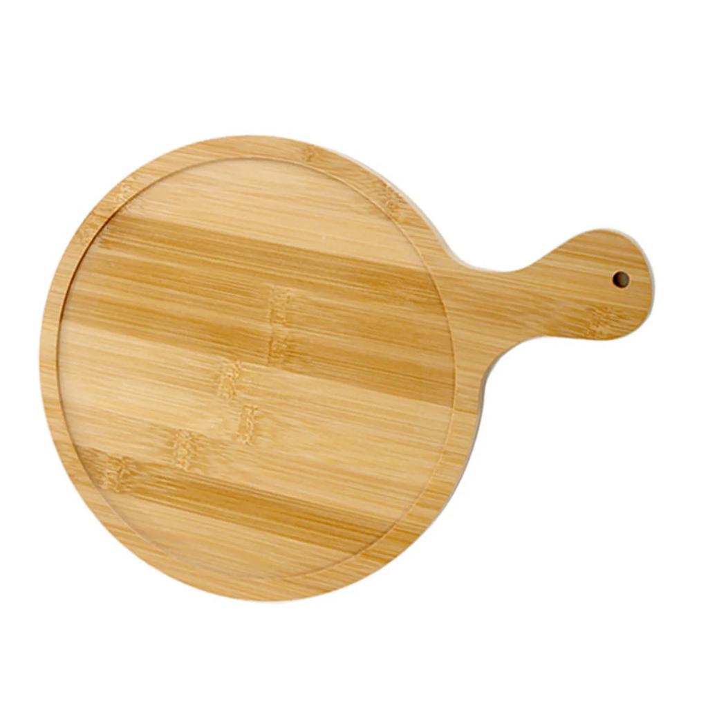 Round Pizza Serving Plate Bamboo Pizza Plate with Handle Multifunctional Food Serving Tray for Home Dining Restaurants