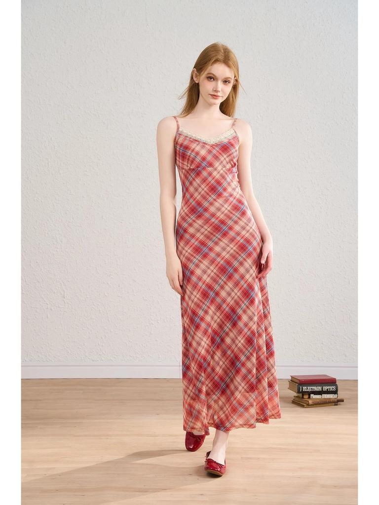 Women's Summer Plaid Mesh A-line Dress with Lace Trim and Spaghetti Straps