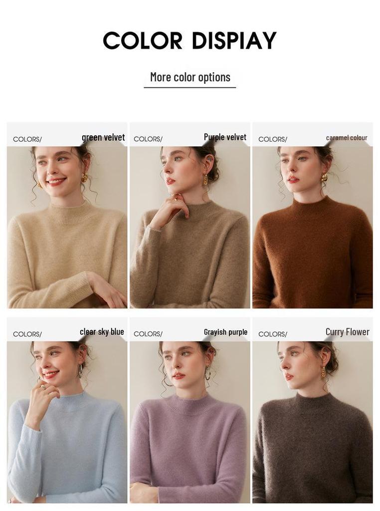 Women's Thickened Cashmere Long Sleeve Pullover - Half-High Neck, 100% Pure Knit for Autumn/Winter