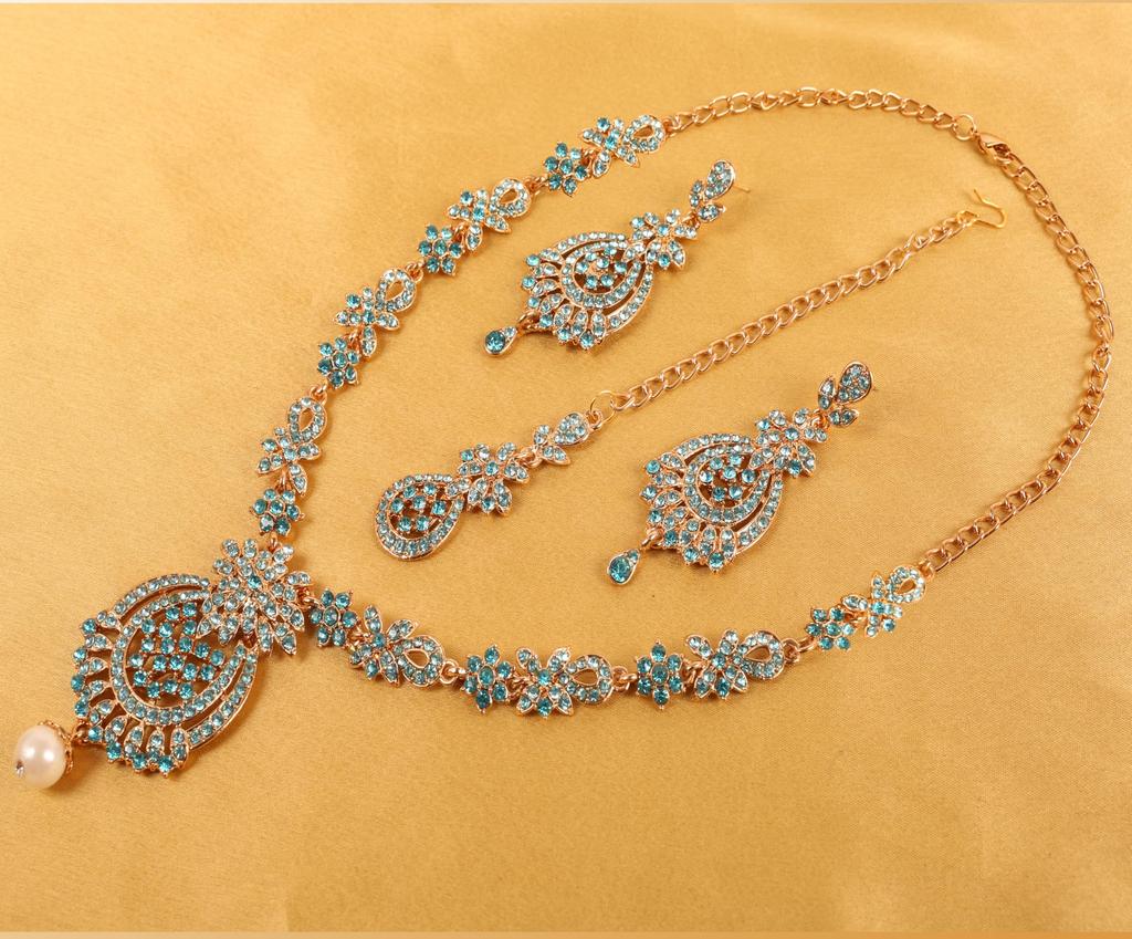 Touchstone Indian Bollywood Gorgeous Intricate Craftsmanship Sparkling White Colorful Rhinestone Crystal Wedding Designer Jewelry Necklace Set Gold