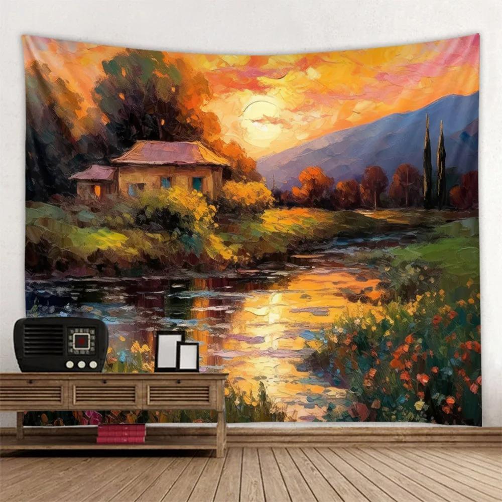 Home Decor Forest Stream Water Wall Hanging Landscape Oil Painting Tapestry Bohemian Art Living Room Bedroom