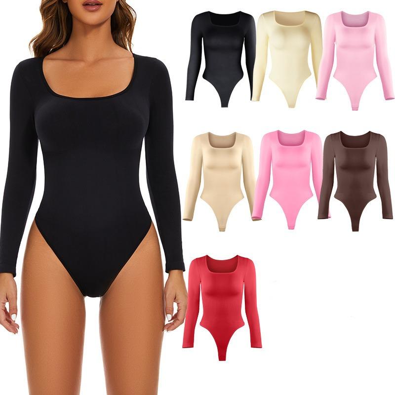 Nahtloser Square Neck Langarm Tummy Control Po-Lifting Taillenraffender Bodysuit Formwäsche