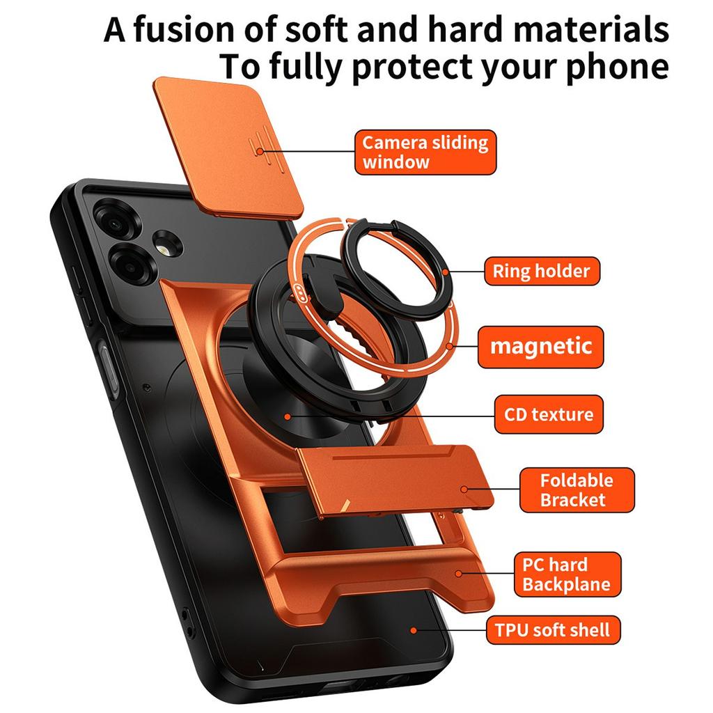 For Samsung Galaxy A07 4G Magnetic Case Ring Holder Foldable Kickstand TPU PC Phone Cover with Camera Lens Slider