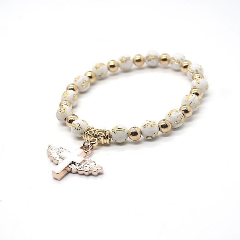 Exquisite Angel Wing Cross Rosary Bracelets Bronzing Acrylic Baptism Stretch Beaded Bracelets for Women Girls Religious Gift