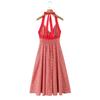 Women's Summer 2026 Floral Halter V-Neck Slimming Long Red Dress