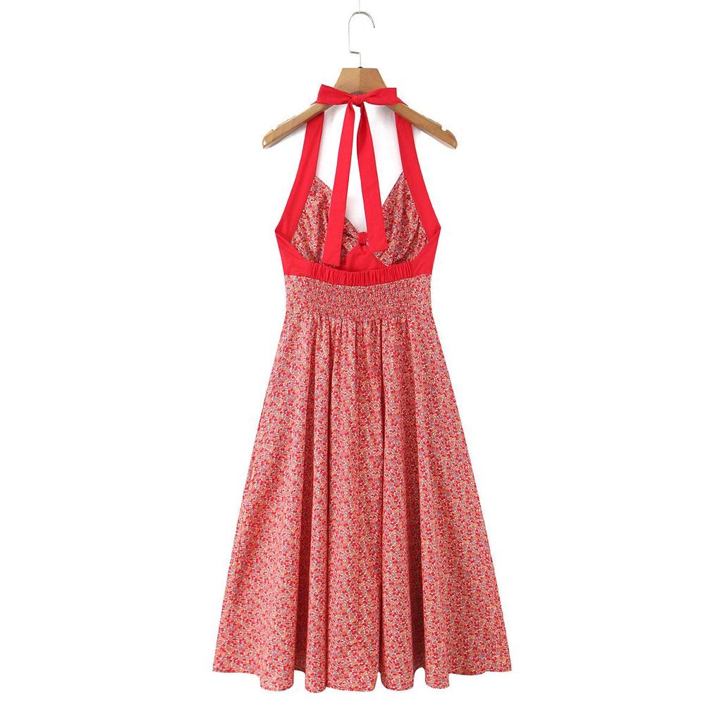 Women's Summer 2026 Floral Halter V-Neck Slimming Long Red Dress