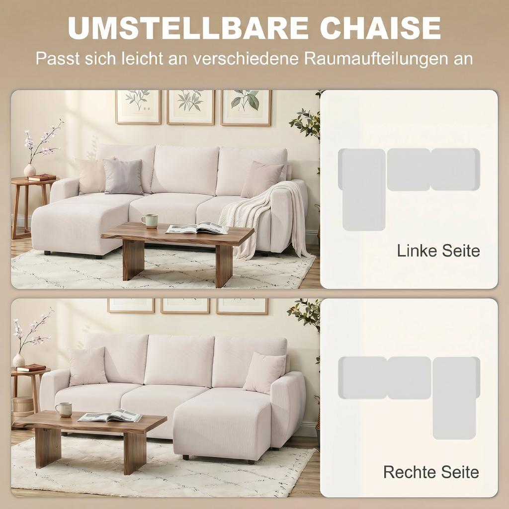 Sleeper Sofa with Reversible Chaise Longue, L-Shaped 3-Seater Sofa with Velour Cover, Cream White