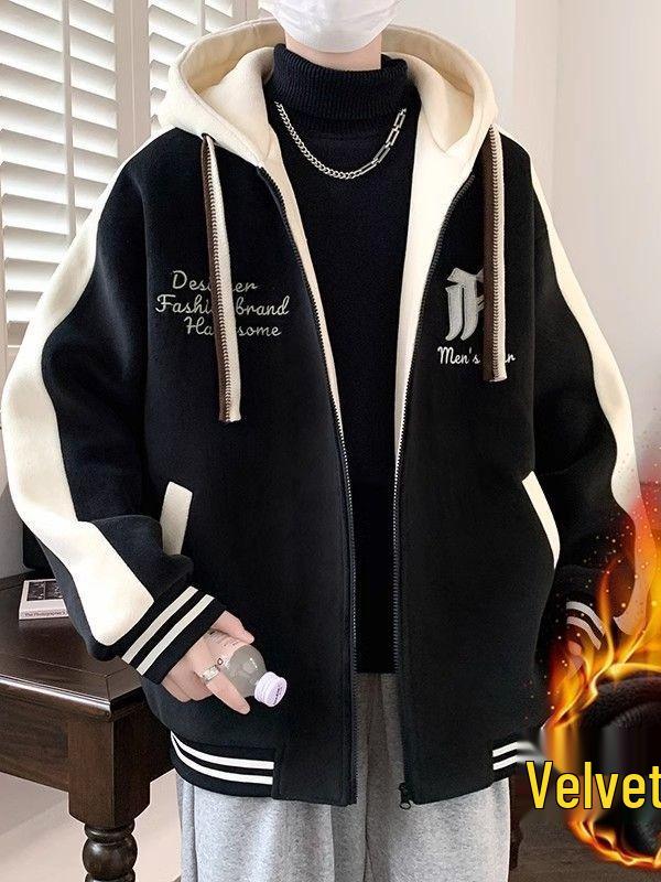Teen Boys' Trendy Velvet-Style Baseball Jacket Hoodie