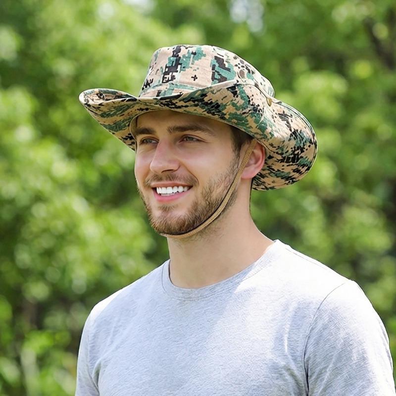 Zealous Sole Men's Tactical Camo Boonie Hat Wide Brim Sun Protection Fishing Cap Breathable Hiking Hat Side Buckles Cowboy Style Adventure 56-58Cm