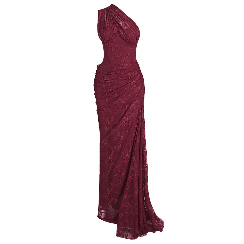 Wine Red Lace-up Deep V Back Fishtail Dress for Women S красный