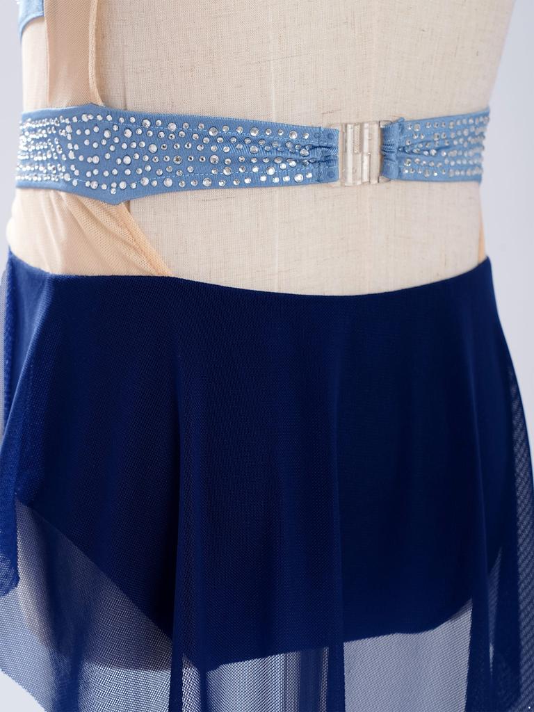 Girls Mock Neck Sleeveless Shiny Rhinestones Color Block Mesh Patchwork Skirted Leotard Lyrical Dance Costume