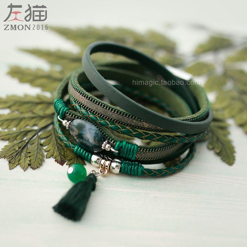 

Ретро женский многослойный плетеный кожаный браслет-манжета Dark Green (middle Plus size)