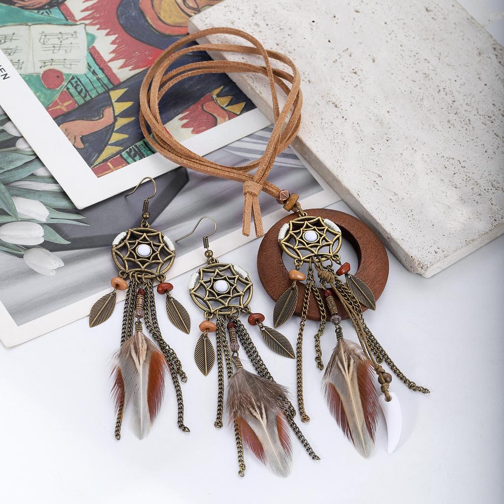 Antique Gold Dream Catcher Feather Earring Set for Women Boho Leaves Pendant Long Chain Tassel Wooden Necklaces Fashion Jewelry